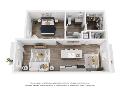 Floor plan for 1 bed, 1 bath, 890 sqft